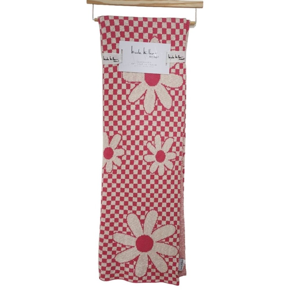 Nicole Miller‎ Cotton Throw Blanket Decorative Oversize Floral And Check 50x70in